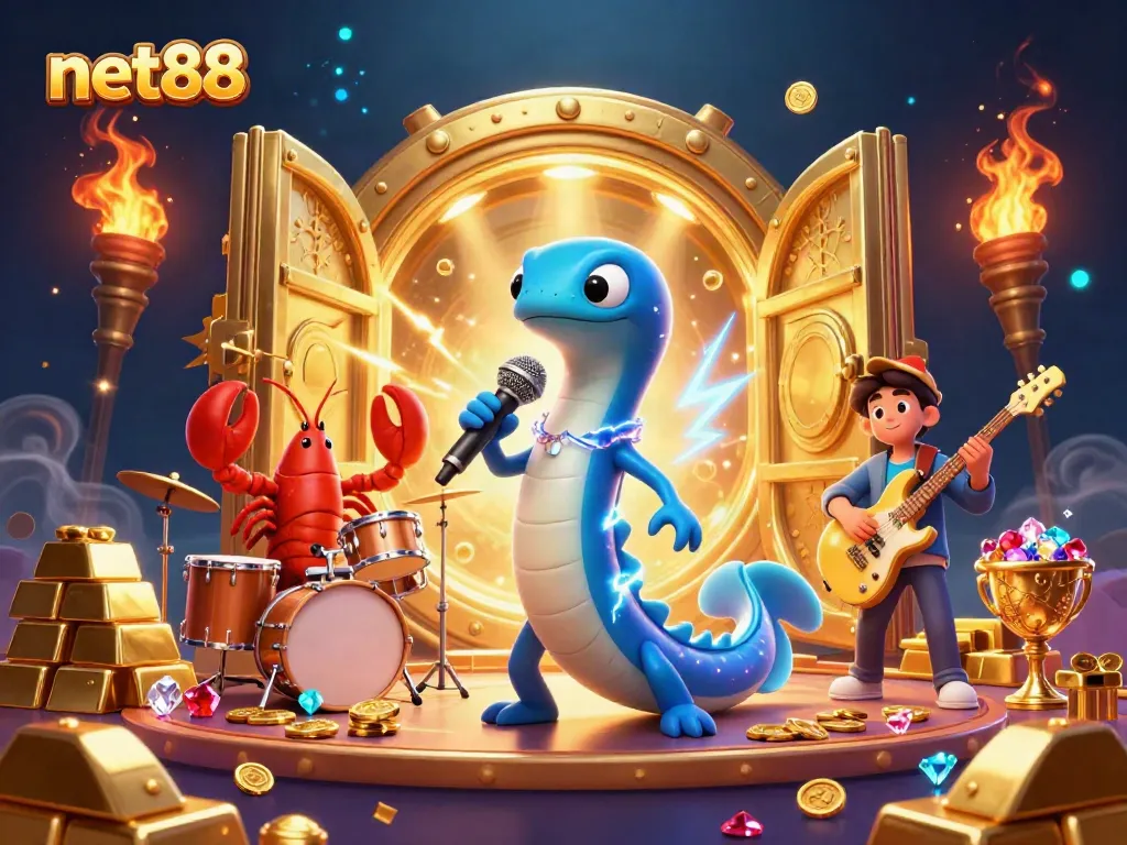Experience high-energy gaming at net88 with an electric eel DJ performing in an underwater casino.