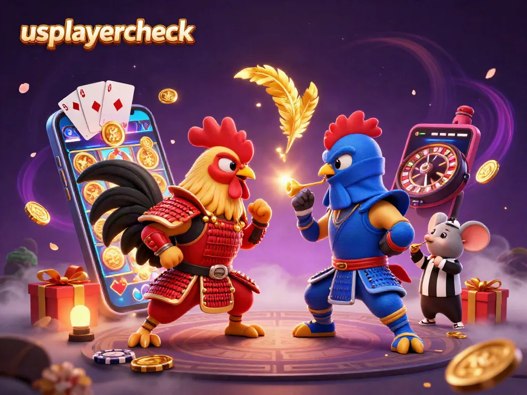 Fight for jackpots at usplayercheck with dynamic roosters, slot games, and vibrant casino elements.