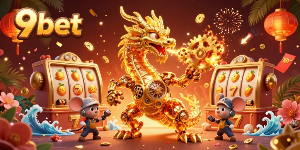 Engage with the thrilling 9bet experience featuring a golden dragon and dynamic casino elements.