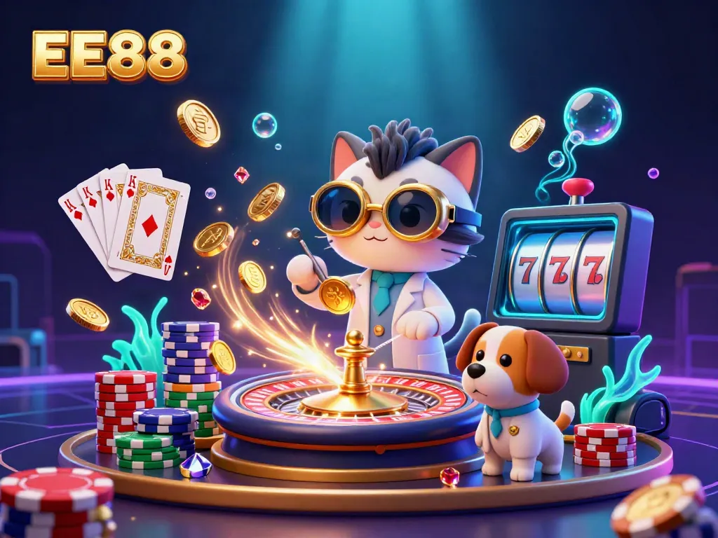 Engaging EE88 illustration with a mad scientist cat and loyal dog creating winning casino magic.
