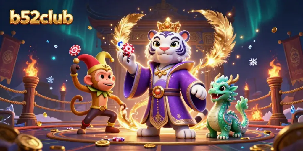 Experience the excitement of b52club with a playful scene featuring a royal tiger, jester monkey, and jade dragon in a dynamic casino setting.