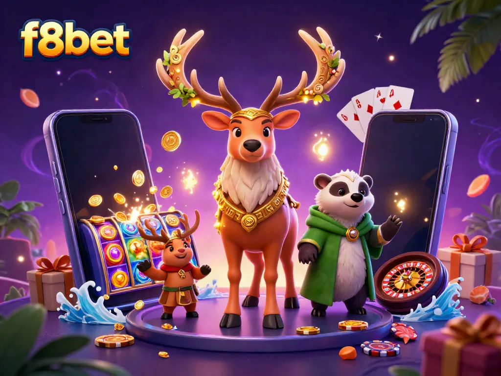 Engage with the thrilling world of f8bet featuring a druid stag and a wise badger surrounded by animated casino elements.