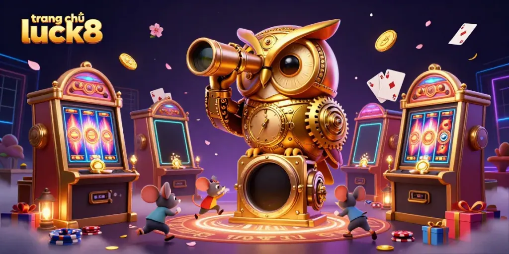 Engage with winning opportunities at trang chủ luck8 with a dynamic casino scene featuring a golden owl and mouse patrons.
