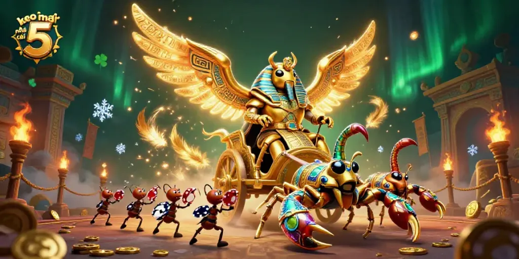 Engage with the immersive world of keo nha cai 5 featuring a golden scarab beetle chariot with scorpion steeds amid swirling gold coins.
